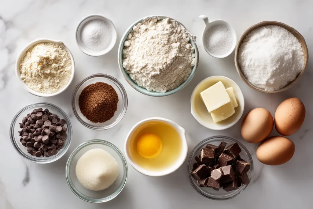 Ingredients for chewy chocolate chip cookies on a wooden table