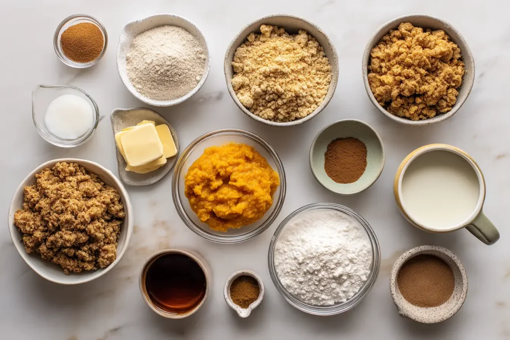 Flat lay of measured pumpkin coffee cake ingredients on white marble.