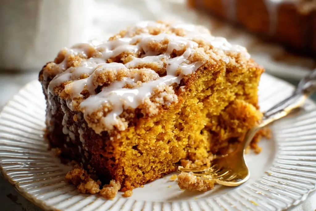 Slice of pumpkin coffee cake with thick crumb topping and icing drizzle.