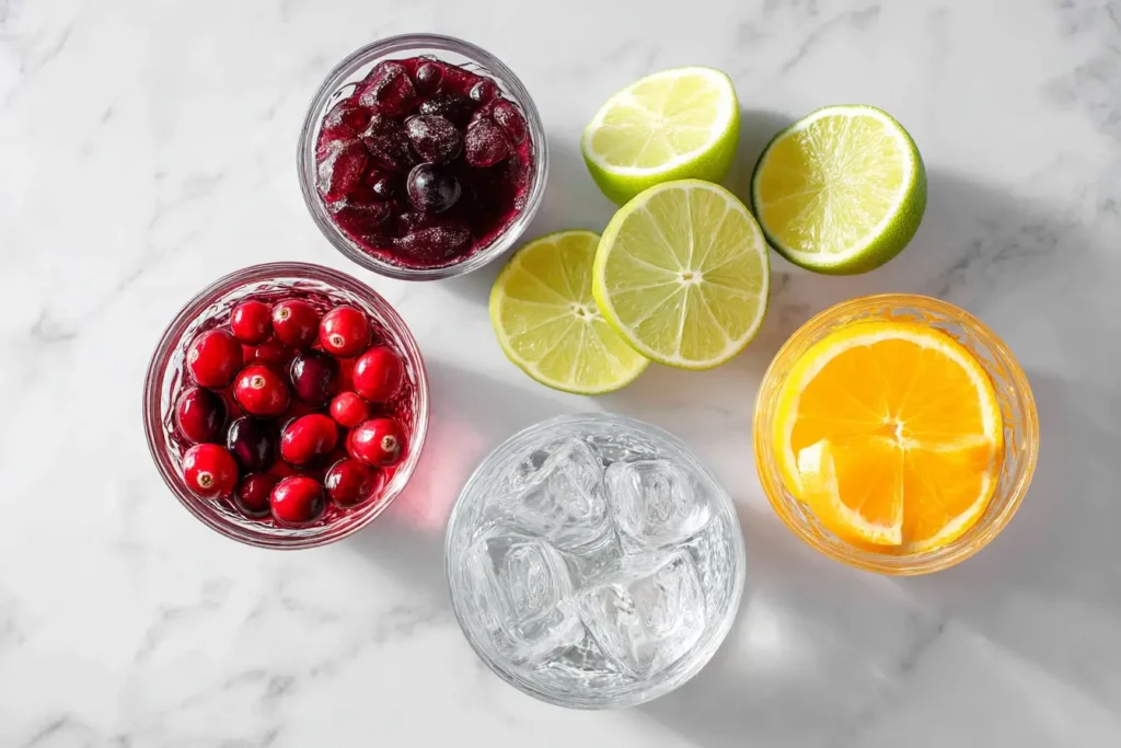 Flat lay of ingredients for Virgin Cosmopolitan Mocktail including cranberry, lime, and sparkling water