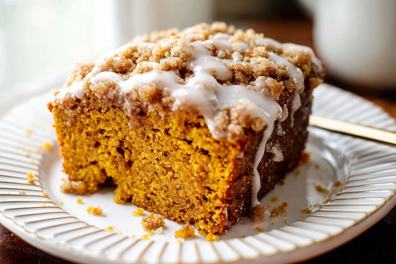 Pumpkin coffee cake with crumb topping and icing next to a mug of coffee.