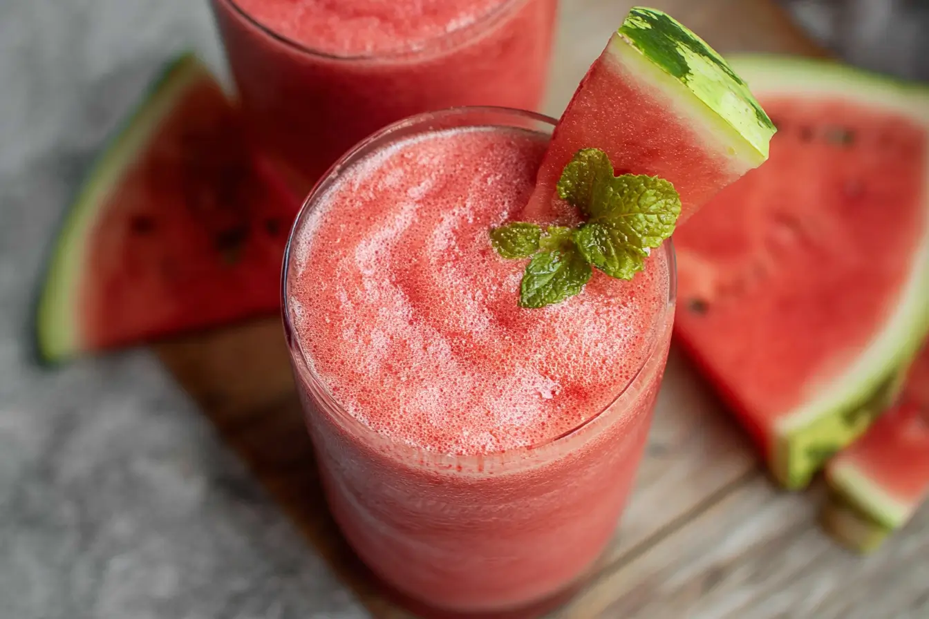 Refreshing watermelon smoothie in a glass with fresh fruit slices.