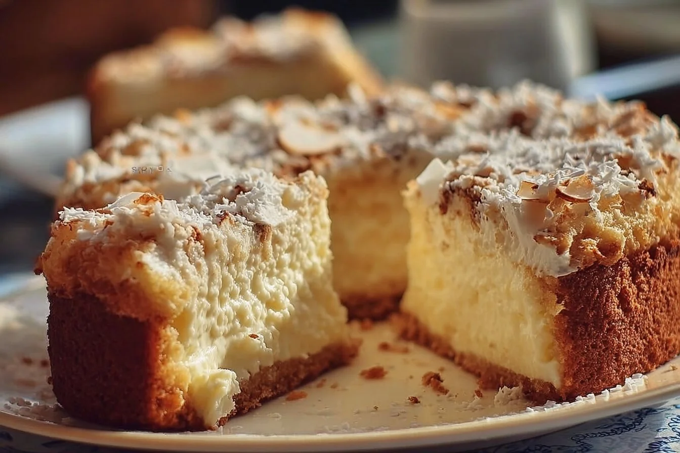A whole 9x13 inch Coconut Pecan Topped Cake with a golden-brown, rich topping, cooling on a wire rack.