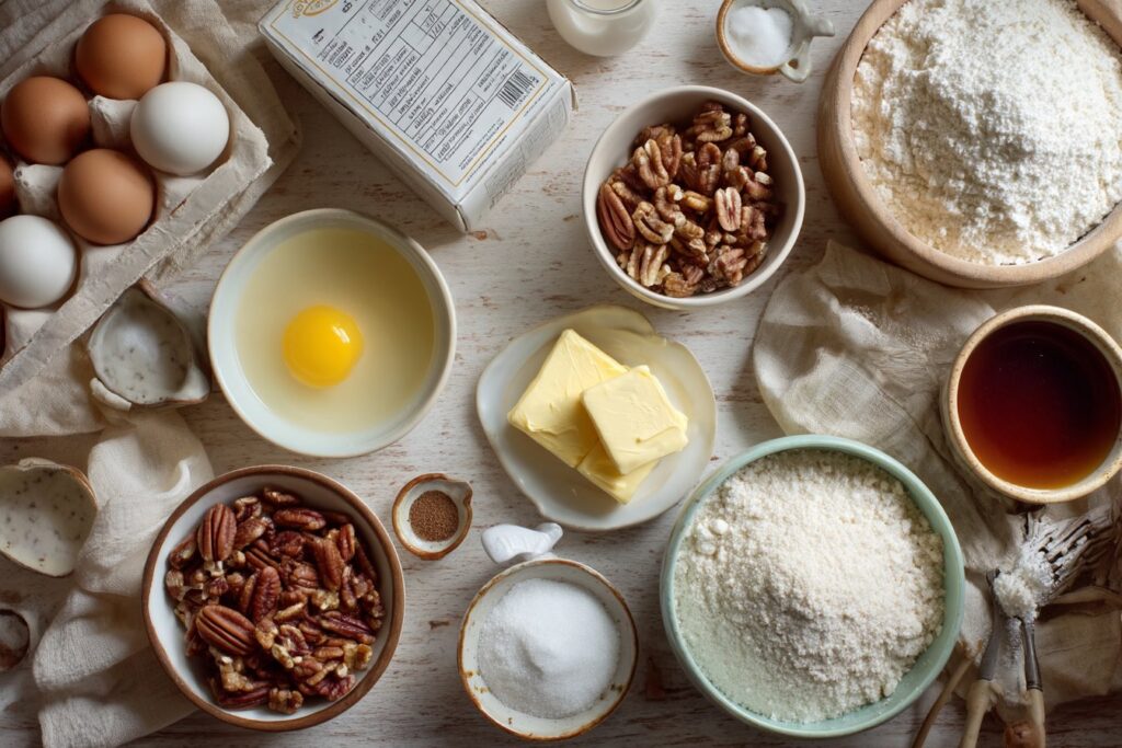 Flat lay of the topping ingredients: shredded coconut, chopped pecans, evaporated milk, butter, and granulated sugar.