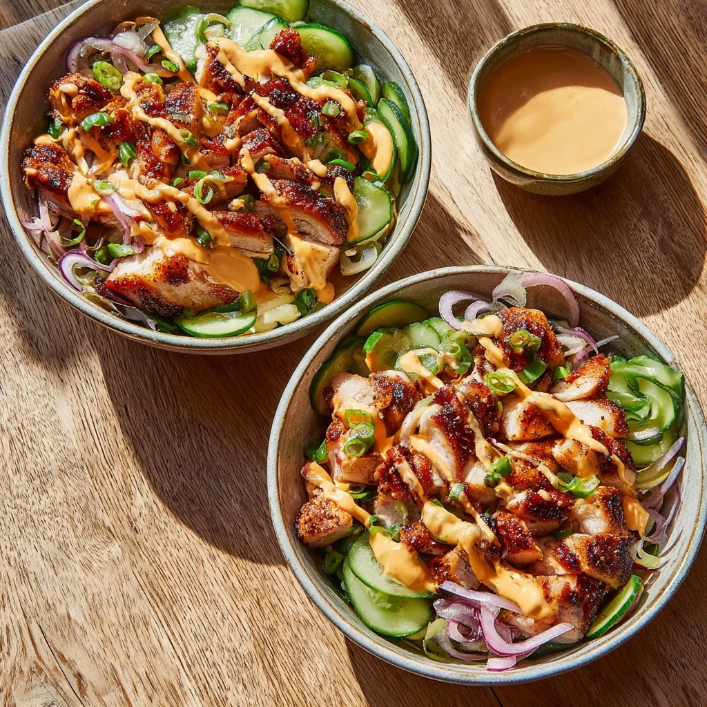 A delicious Bang Bang Chicken Bowl garnished with ingredients and spices.