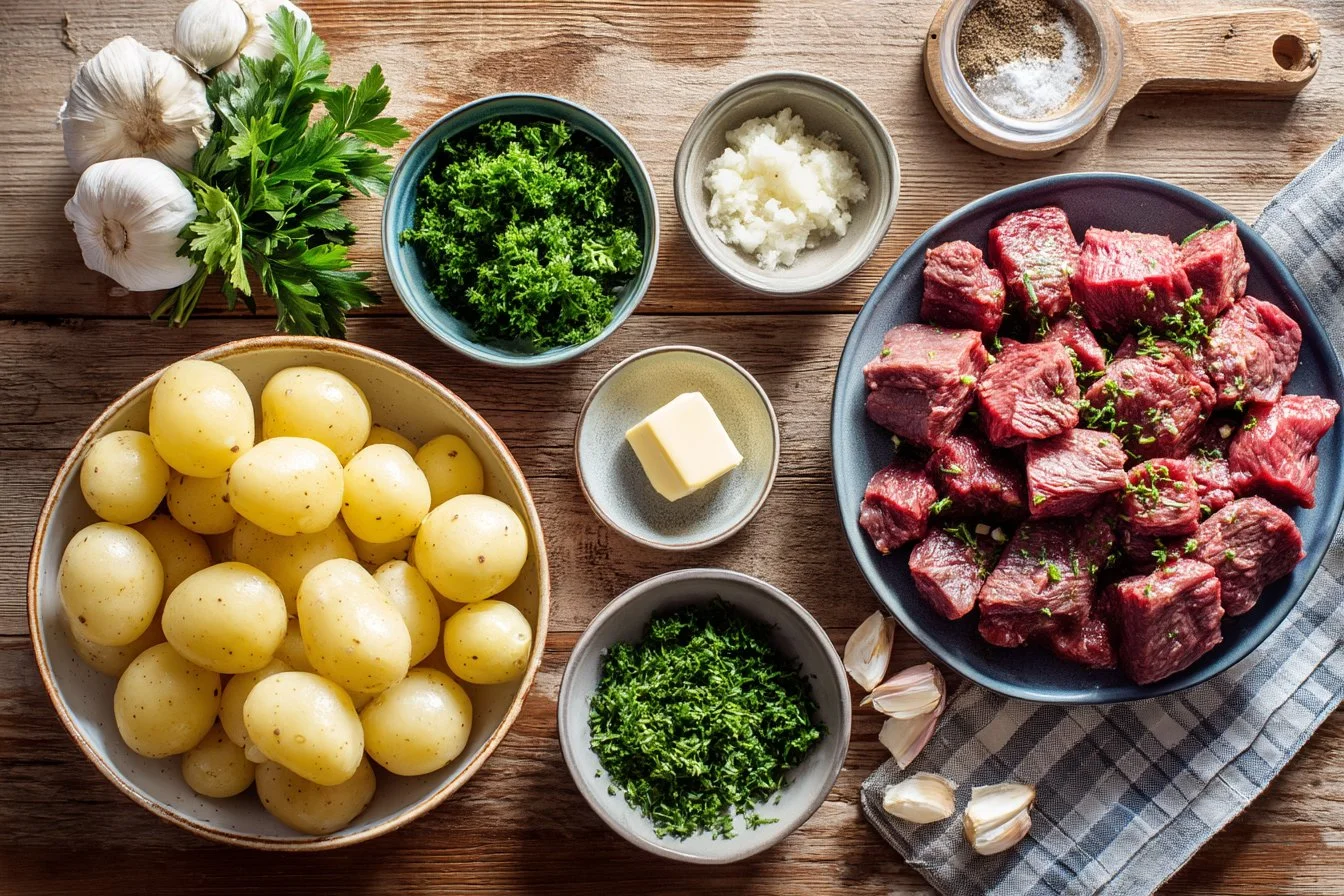 Slow Cooker Garlic Butter Steak Bites & Potatoes