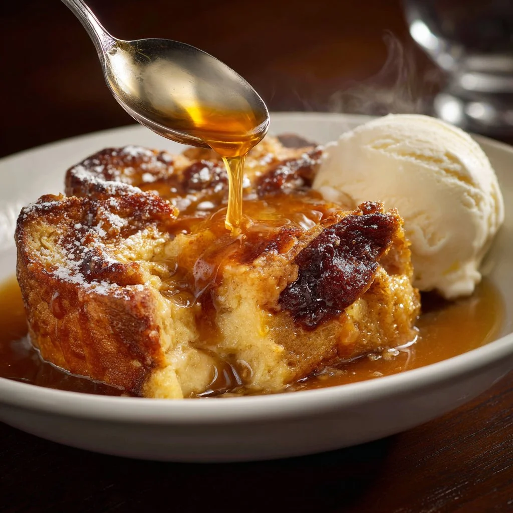 Delicious slice of homemade bread pudding served with a drizzle of caramel sauce.