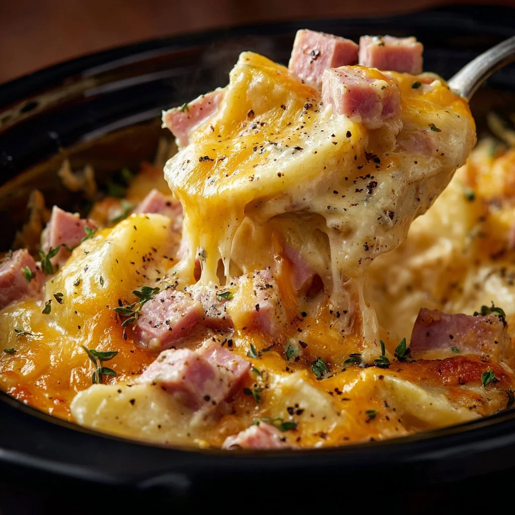 Cheesy ham casserole dish topped with melting cheese and breadcrumbs