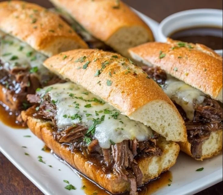 Delicious Crockpot French dip sandwiches served with au jus for dipping.