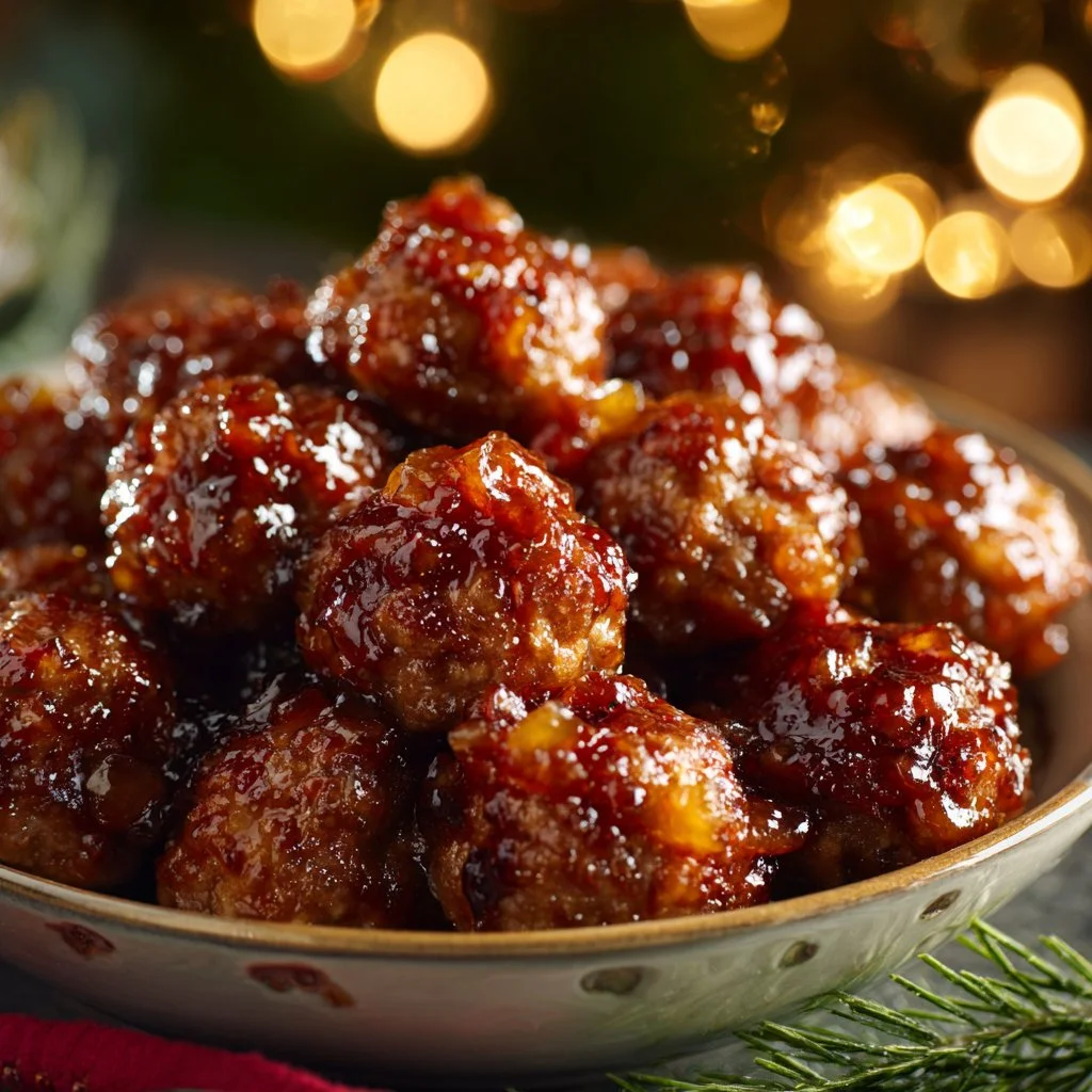 Delicious Peach Bourbon Meatballs served with a glaze and garnished