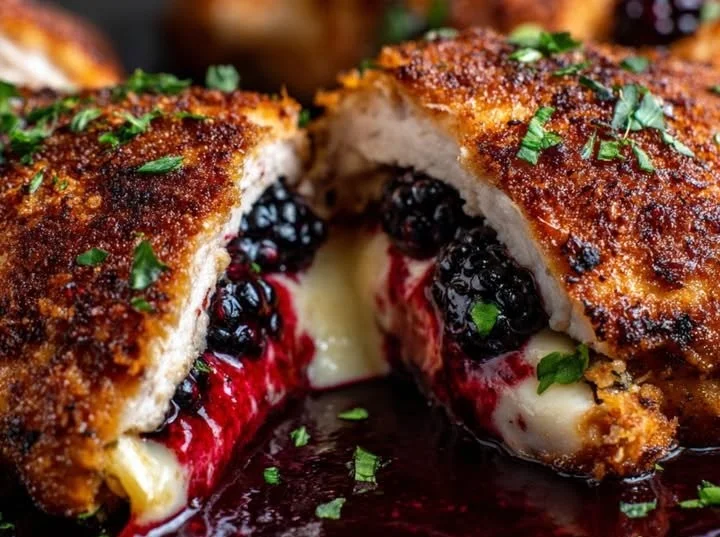 Melty Blackberry Jalapeño Chicken served with fresh herbs on a plate