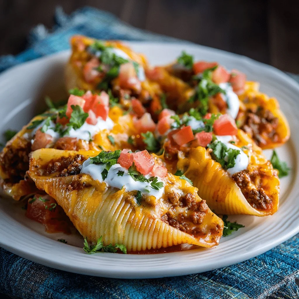 Taco stuffed shells filled with beef, cheese, and topped with salsa