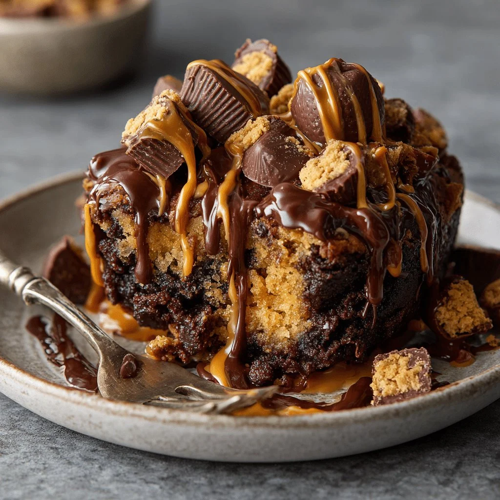 Creamy peanut butter cupcake dump cake topped with frosting and peanut butter drizzle