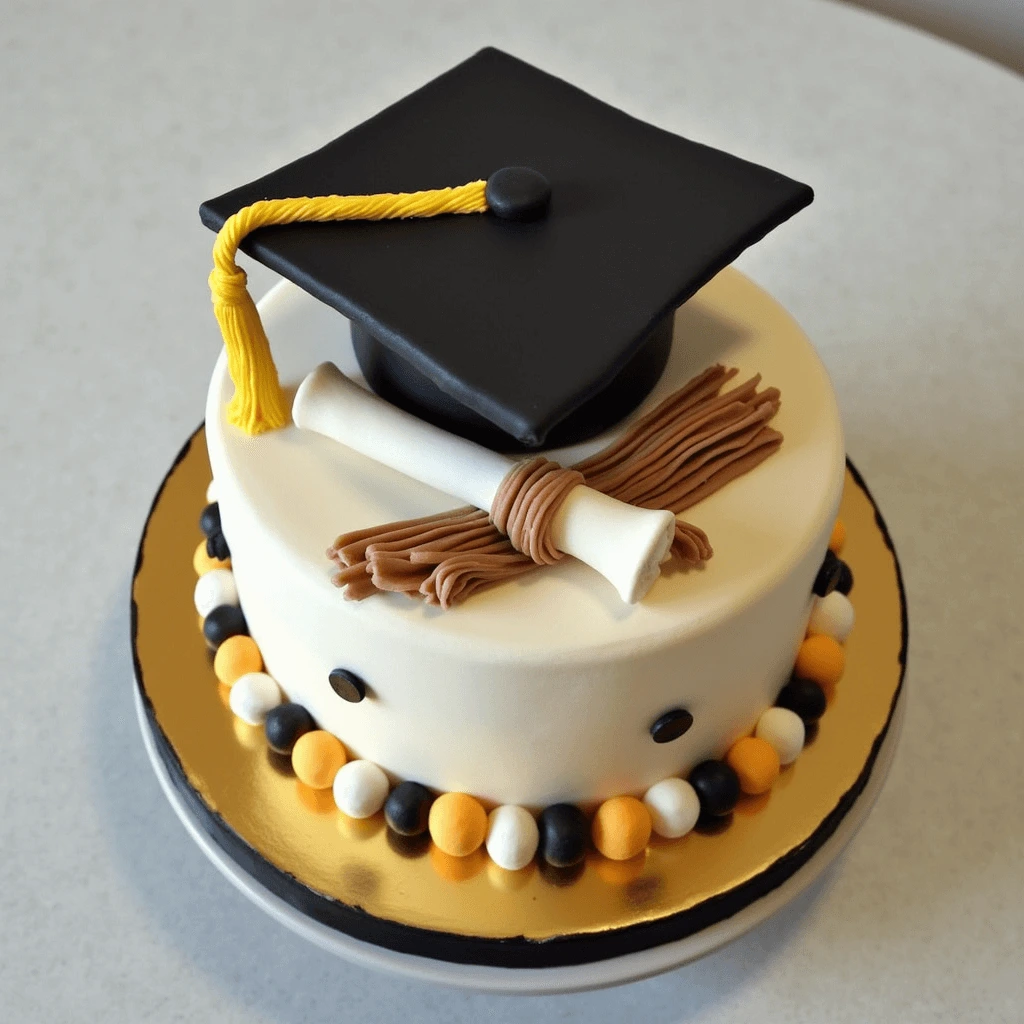 Graduation cake with a black graduation cap topper and polka dot design on a white fondant base.