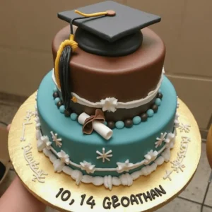 A beautifully decorated graduation cake with a mortarboard and diploma design, perfect for a graduation party.