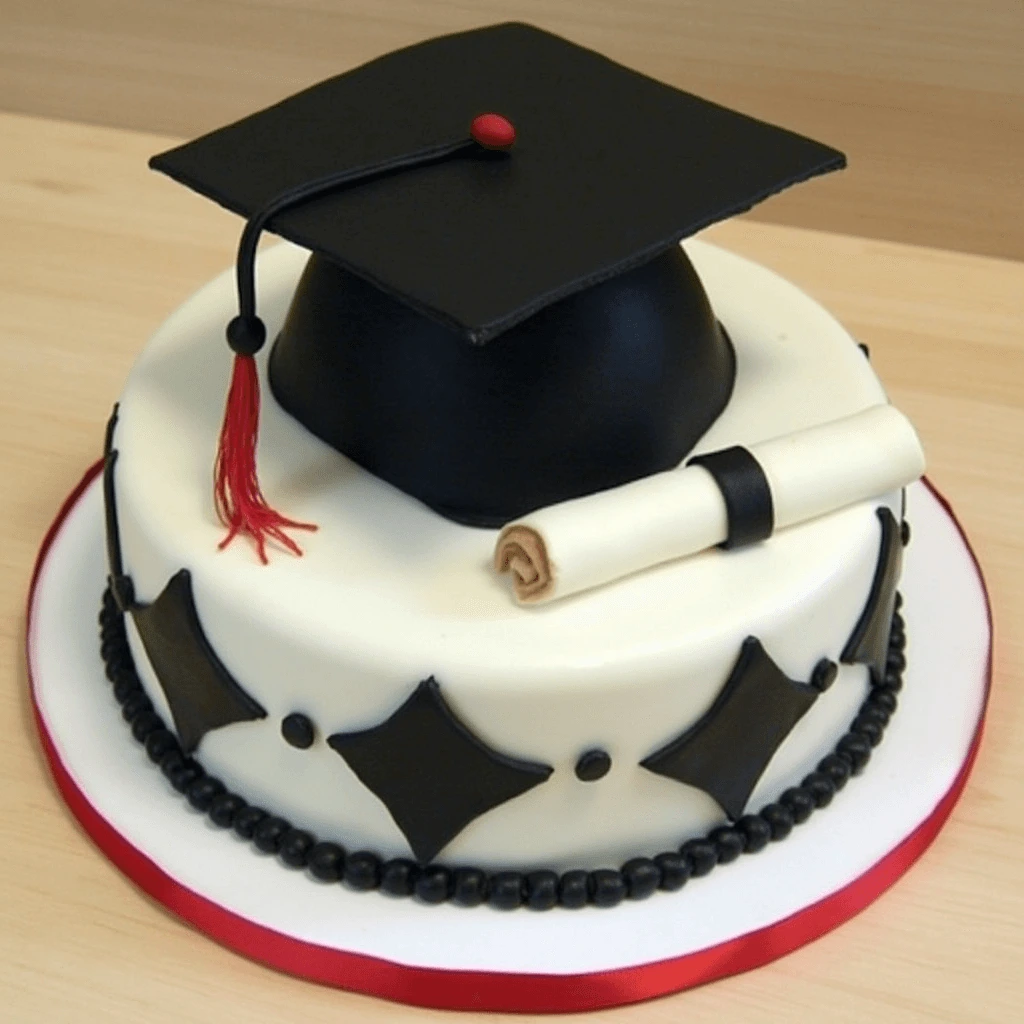 Graduation cake for boys with themed decorations, featuring a cap and diploma.