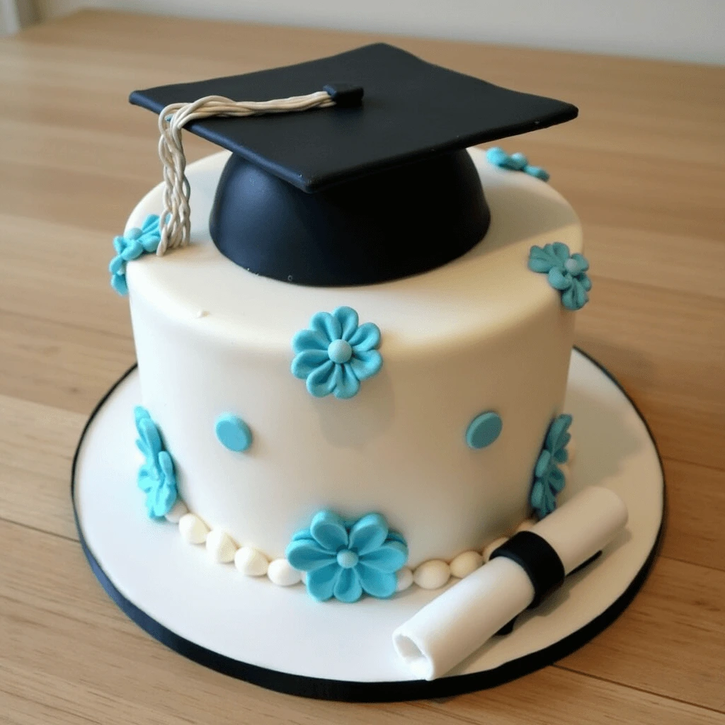 Graduation cake for boys featuring a cap and diploma design with blue and gold accents.