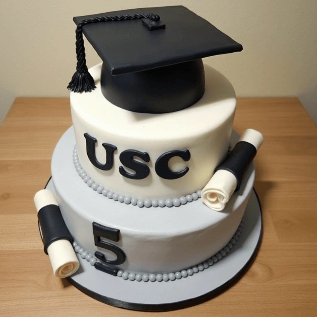 Graduation cake for boys featuring a sporty design with a cap and diploma topper