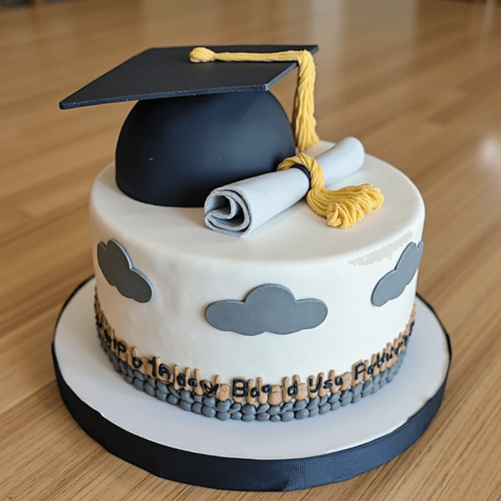 Graduation cake for boys featuring a sporty theme with a diploma and cap design.
