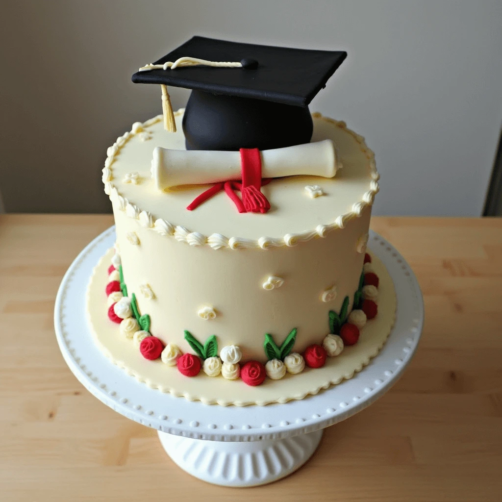 Graduation cake with a black cap, diploma scroll, and decorative bead border in black, white, and yellow