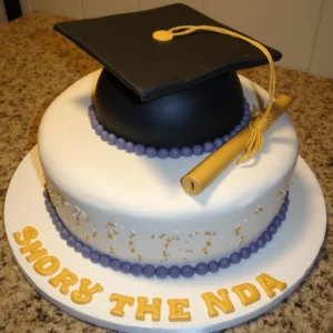 A beautifully decorated graduation cake featuring a mortarboard, diploma, and vibrant school colors, perfect for graduation celebrations. 