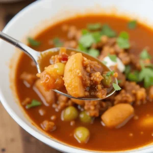 Simple 5 Ingredient Taco Soup in a bowl with toppings like cheese, sour cream, and cilantro.