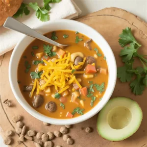 Delicious 5 Ingredient Taco Soup with toppings like cheese, sour cream, and tortilla chips in a bowl.