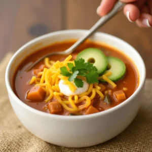 A bowl of 7 Can Taco Soup with Ranch Dressing Mix topped with cheese, sour cream, and tortilla chips.