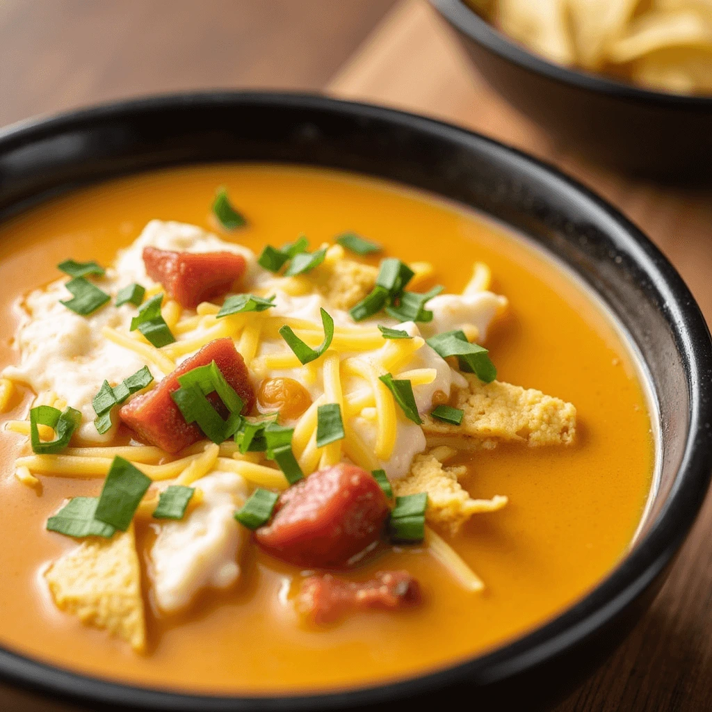 A steaming bowl of 7 Can Taco Soup topped with shredded cheese, sour cream, and crushed tortilla chips, served with a side of lime wedges.