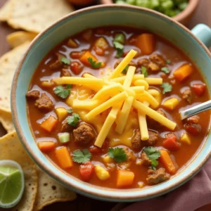 A steaming bowl of 7 Can Taco Soup with Ranch Dressing Mix, topped with shredded cheese, sour cream, and tortilla chips, served with a spoon on the side.