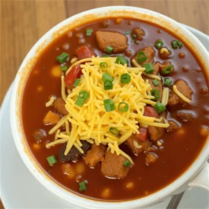 A warm bowl of 7 Can Taco Soup with Ranch Dressing Mix, topped with shredded cheese, sour cream, and crushed tortilla chips, garnished with cilantro.