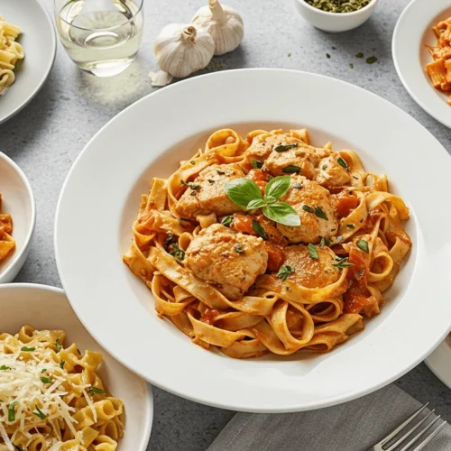 Delicious Italian chicken pasta served with creamy garlic sauce, fresh herbs, and grated Parmesan cheese