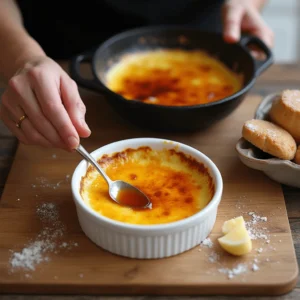 Perfectly caramelized crème brûlée with golden sugar crust