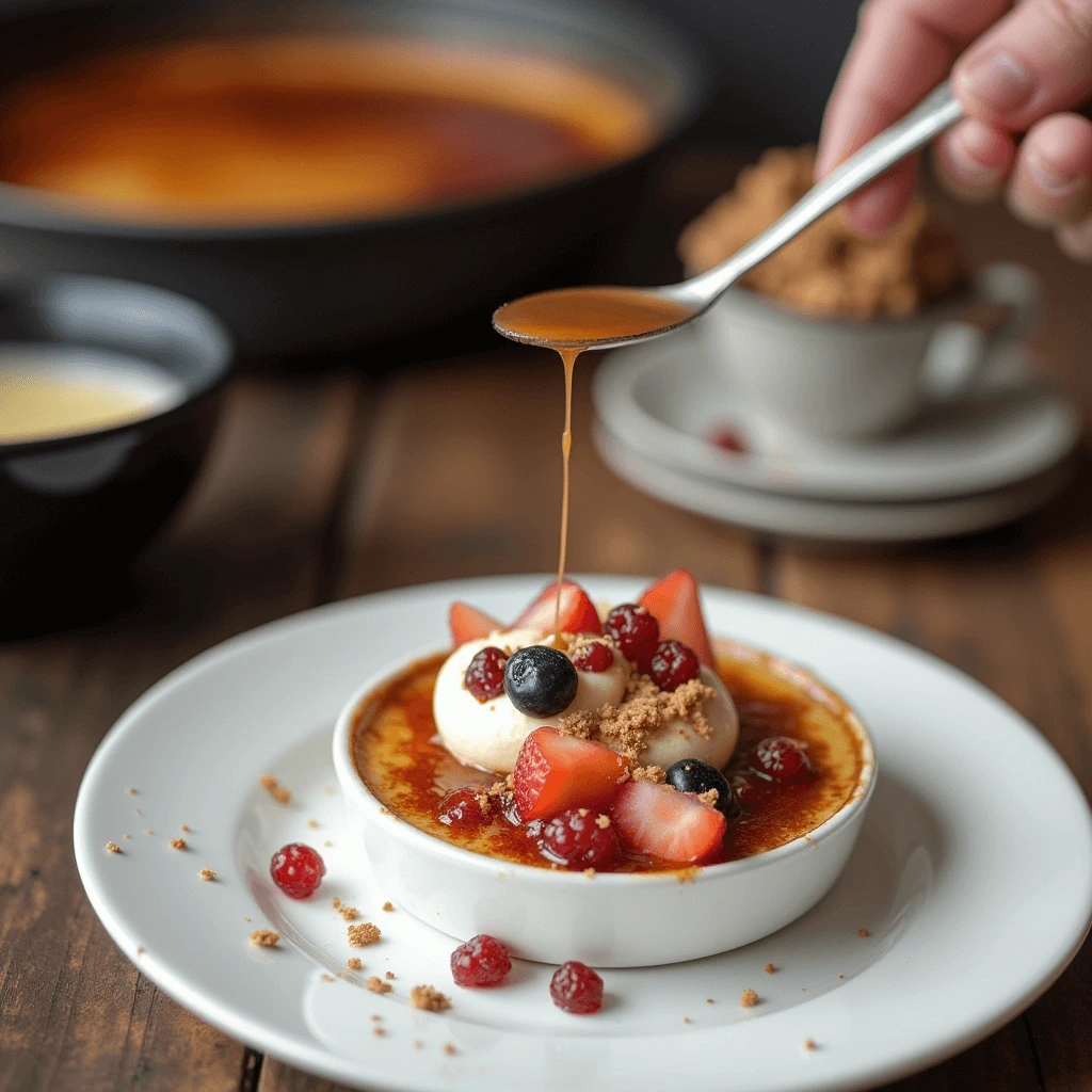 A beautifully torched crème brûlée with a golden caramelized sugar topping