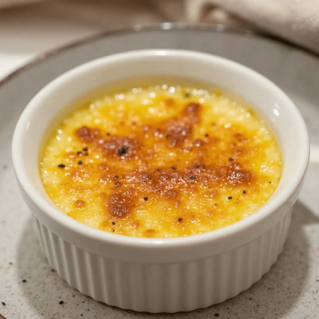 Freshly prepared Crab Brulee served in ramekins with a caramelized sugar crust, garnished with herbs, on a rustic wooden table.