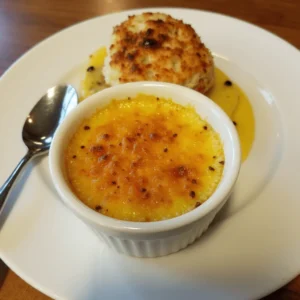 Close-up of a freshly caramelized Crab Brulee served in a ramekin, topped with a crispy sugar crust and garnished with fresh parsley