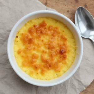 Golden brown Crab Brulee served in a ramekin with caramelized sugar topping and garnished with fresh herbs.