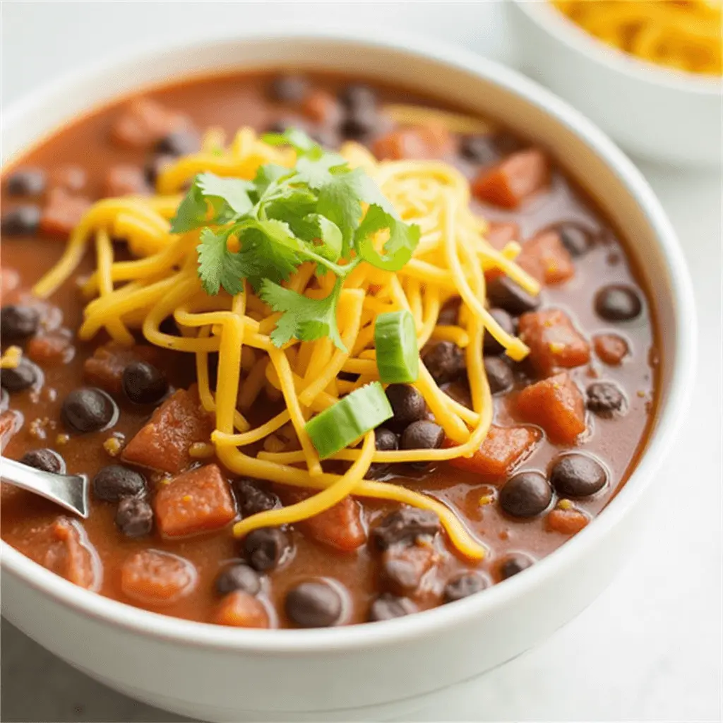 Bowls of 5-ingredient taco soup topped with cheese, sour cream, and cilantro