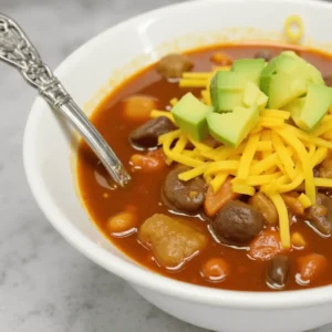 Delicious 5-ingredient taco soup served in a bowl with toppings like shredded cheese, sour cream, and tortilla chips.