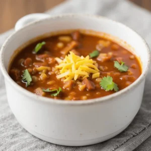 Bowls of 5-ingredient taco soup topped with cheese, sour cream, and tortilla chips.