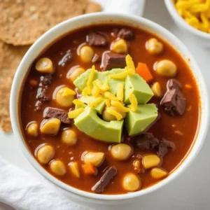 Delicious and hearty 5-ingredient taco soup in a bowl, garnished with shredded cheese, sour cream, and tortilla chips.