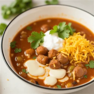 A hearty bowl of 7 Can Taco Soup topped with sour cream, shredded cheese, fresh cilantro, and crispy tortilla chips, served in a rustic ceramic bowl on a wooden table.