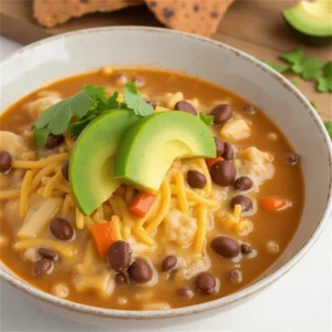 A steaming bowl of 7 Can Taco Soup topped with shredded cheese, sour cream, fresh cilantro, and tortilla chips, served on a rustic wooden table with a side of lime wedges.