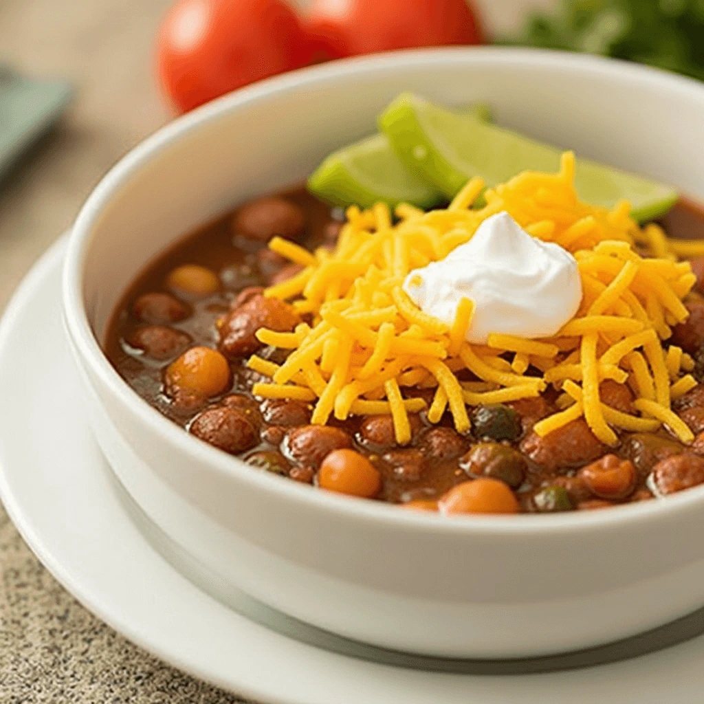 A hearty bowl of 7 Can Taco Soup topped with shredded cheese, sour cream, and fresh cilantro, surrounded by ingredients like canned beans, diced tomatoes, and tortilla chips.
