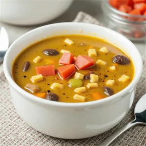 A steaming bowl of 7 Can Taco Soup topped with shredded cheese, sour cream, and chopped cilantro, served with tortilla chips on the side. 