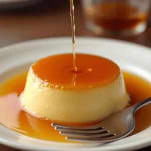 Close-up of a perfectly made flan with a glossy caramel topping