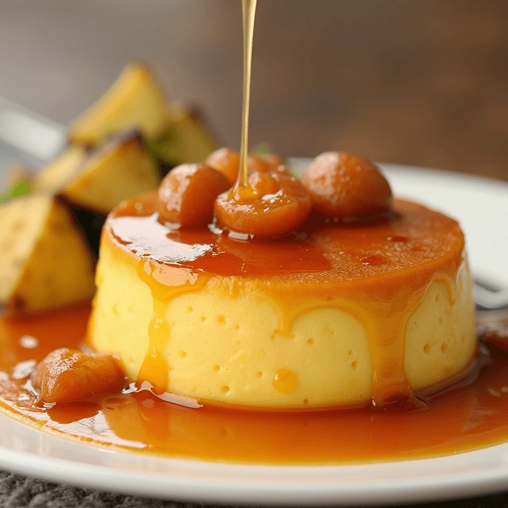 Perfect flan with a glossy caramel topping served on a plate.