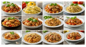 Five delicious Italian chicken pasta dishes on a rustic wooden table, showcasing different pasta shapes, creamy sauces, and garnishes.