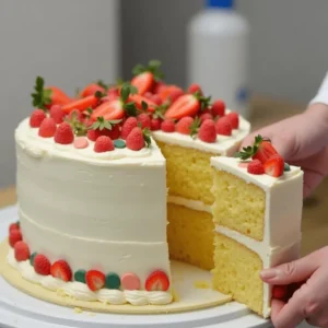 A slice of Madeleine Cream Cake Delight showing delicate layers of buttery Madeleines and creamy filling topped with fresh berries and zest.