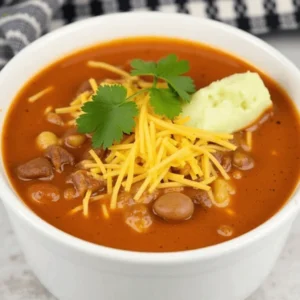 Delicious 5-ingredient taco soup with toppings like shredded cheese, sour cream, and cilantro in a bowl